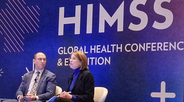 Tom Leary, senior vice president and head of government relations at HIMSS, and Janet Hamilton, executive director, CSTE, at the HIMSS25 conference in Las Vegas Monday. Tom Leary, senior vice president and head of government relations at HIMSS, and Janet Hamilton, executive director, CSTE, at the HIMSS25 conference in Las Vegas Monday.