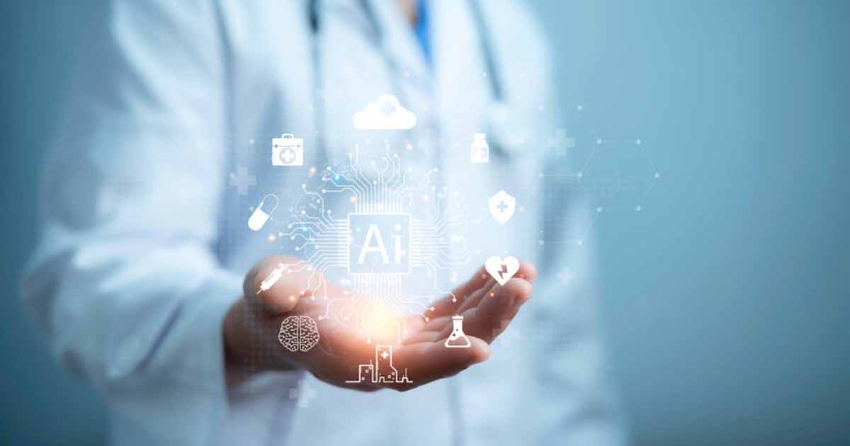 Doctor holding CGI AI icons Doctor holding CGI AI icons