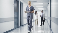 A nurse reading a patient's chart on a digital tablet