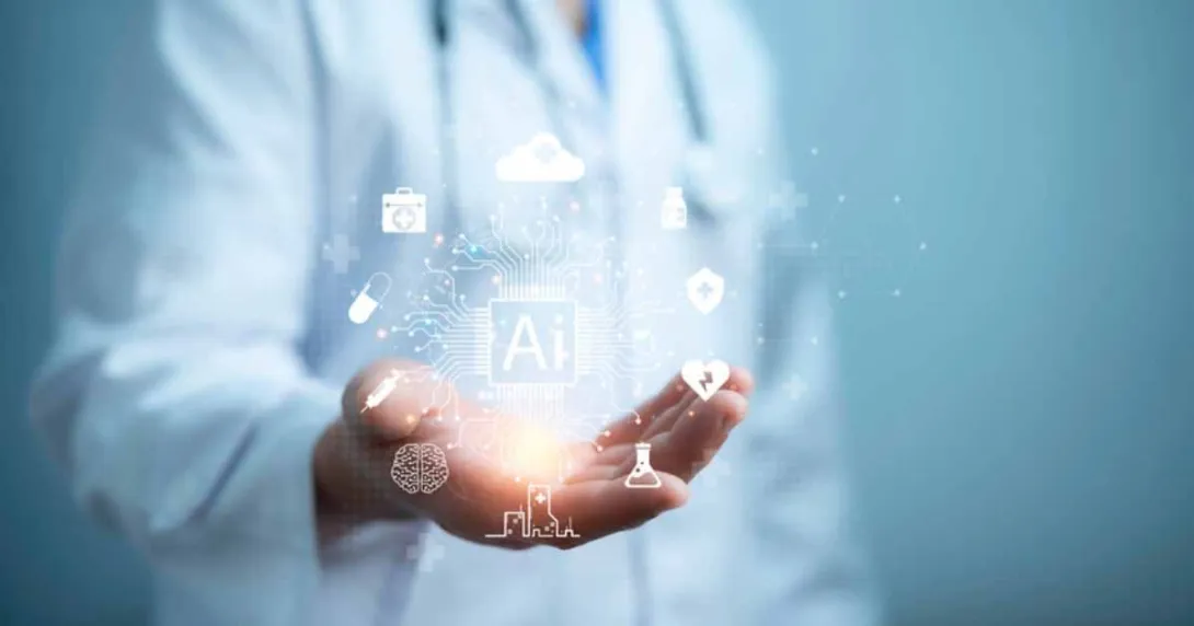 Doctor holding CGI AI icons Doctor holding CGI AI icons
